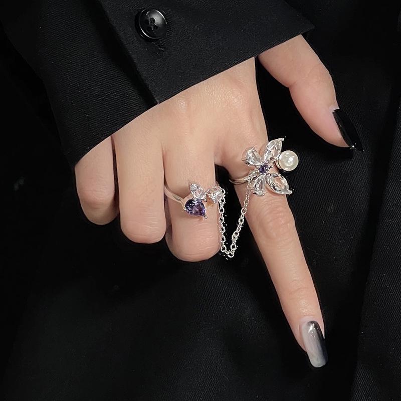 Niche Design 2-Piece Chain Butterfly Pearl Zircon Personality Sweet And Cool Open Ring Female Cold Wind