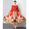 Spring Autumn Women Vintage Print Flower Designer Loose Maxi Party Dresses with Belt