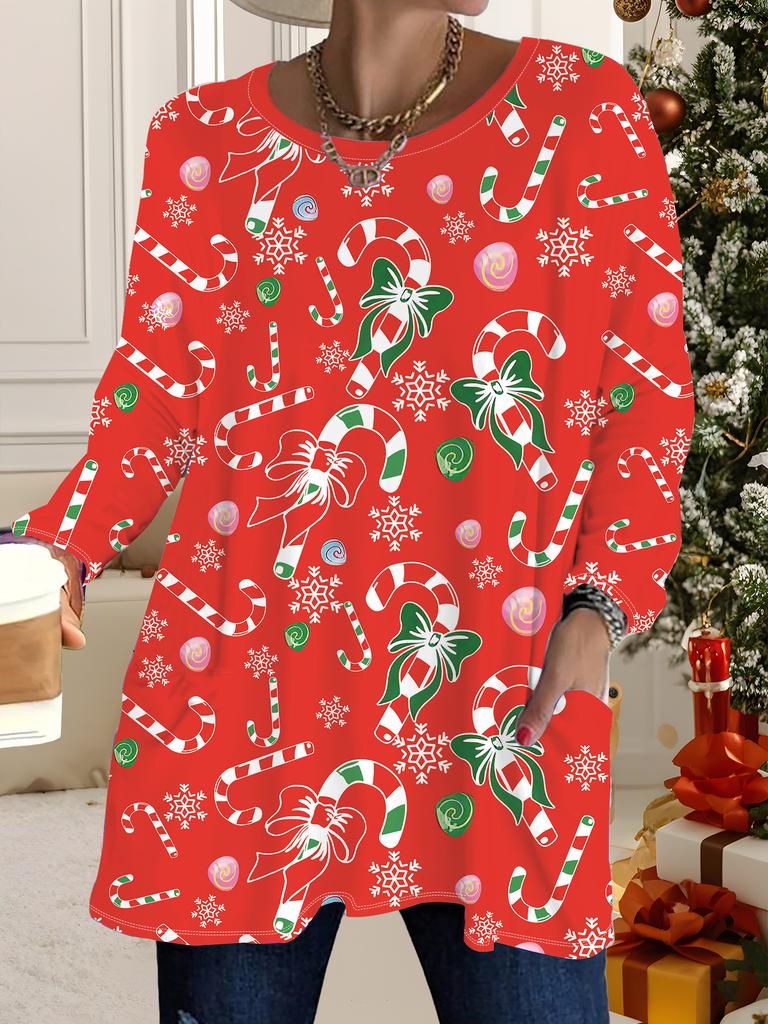 2025 Autumn Winter New Plus Size Women's Tops, Christmas 3D Print Fashion Crew Neck Long Sleeve T-Shirts