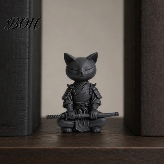 Bay Window Cat Statue 3D Printed Knight Figurine, Meditating Desk Decor with Zen Warrior Pose, Figure for Display Minimalist Frosted Animal Sculpture