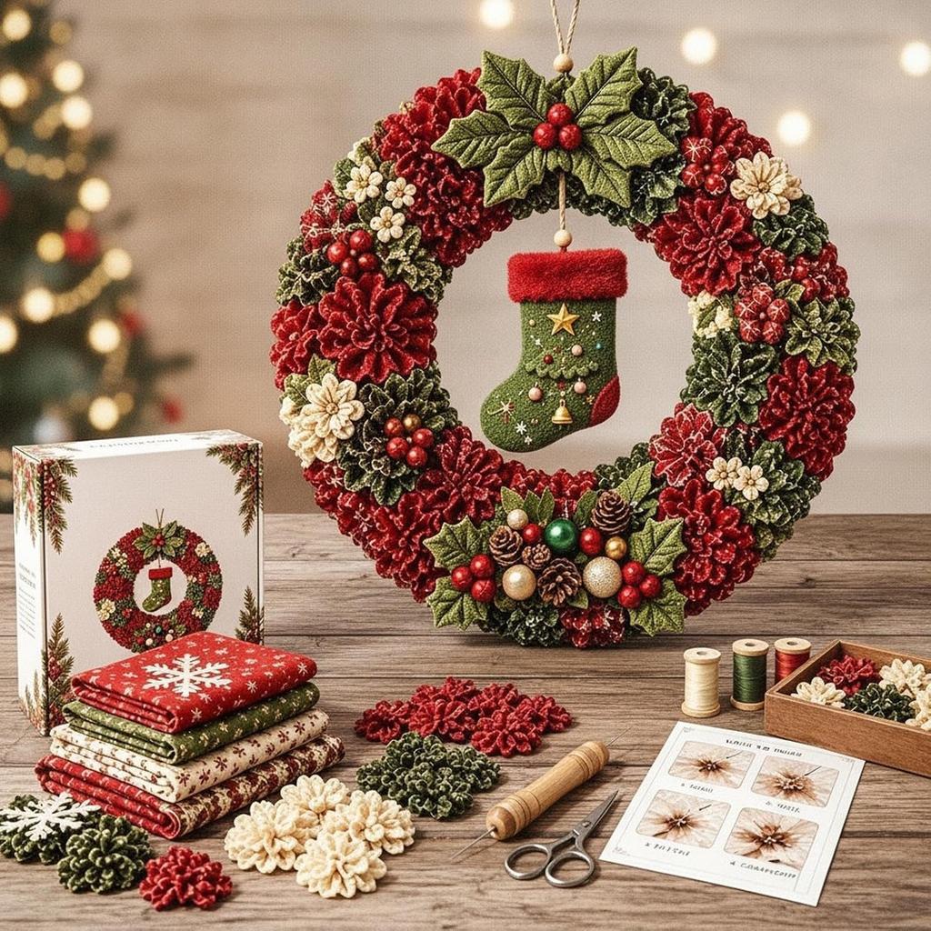 New 3D Christmas Fabric Poke Art Kit Christmas Socks, Cardinals, Wreath 3D Fabric Stamps, Home Decoration Ornaments Holiday Gift