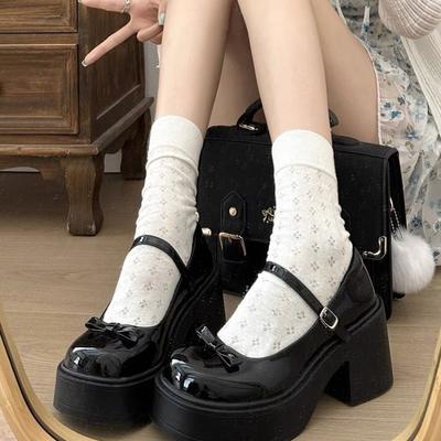 Женские туфли Мэри Джейн Туфли на платформе Ретро Мелкий вырез Маленькие кожаные туфли для женщин Массивный каблук Бант Одинарные туфли