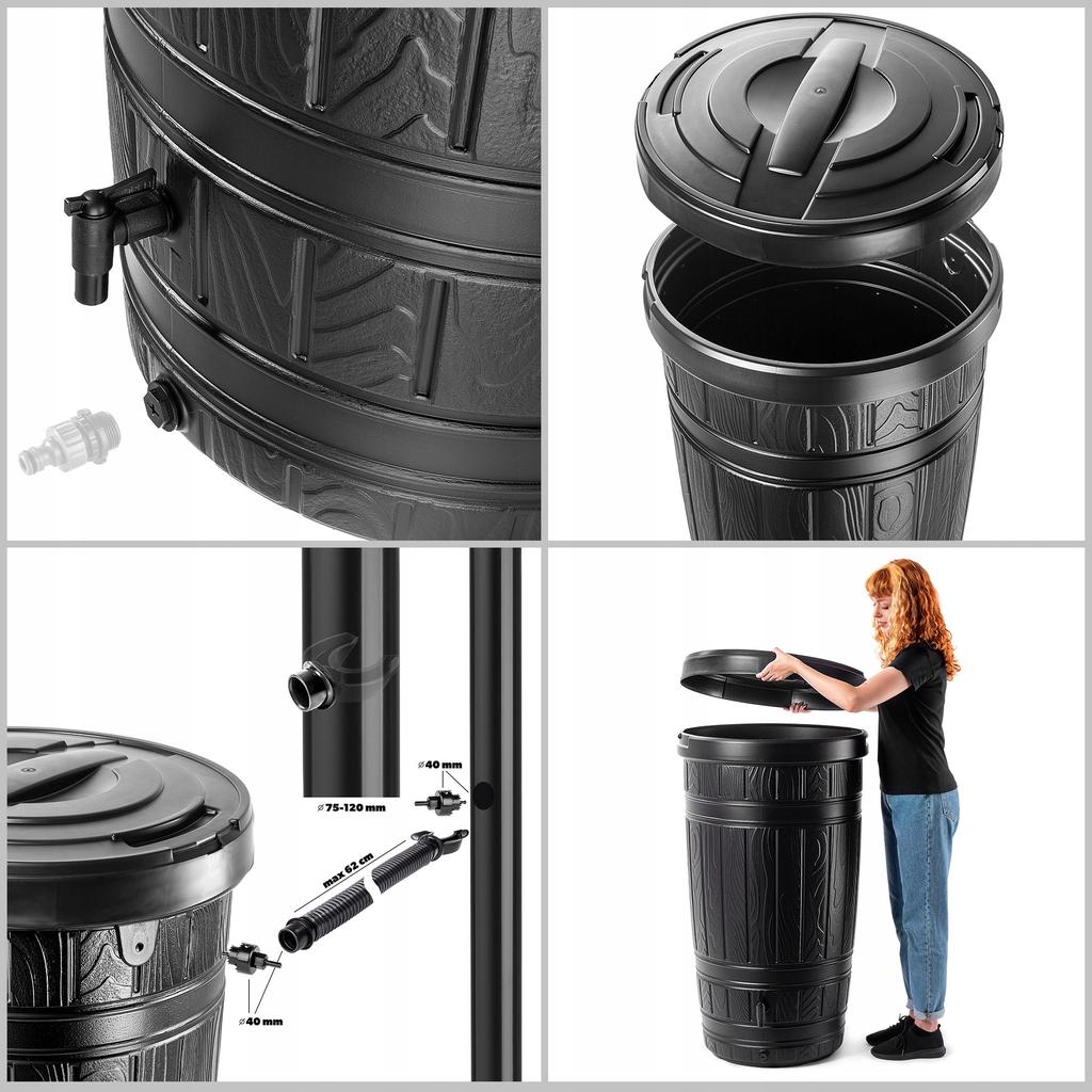 KADAX Zbiornik Na Deszczówkę 265L Wodę DeSzczową Beczka Pojemnik Zestaw Z Kranem