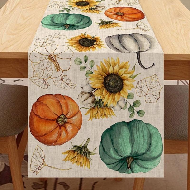 Festive Table Runner Fall Thanksgiving Pumpkin Leavest Table Runners Table Cloth for Holiday Decoration
