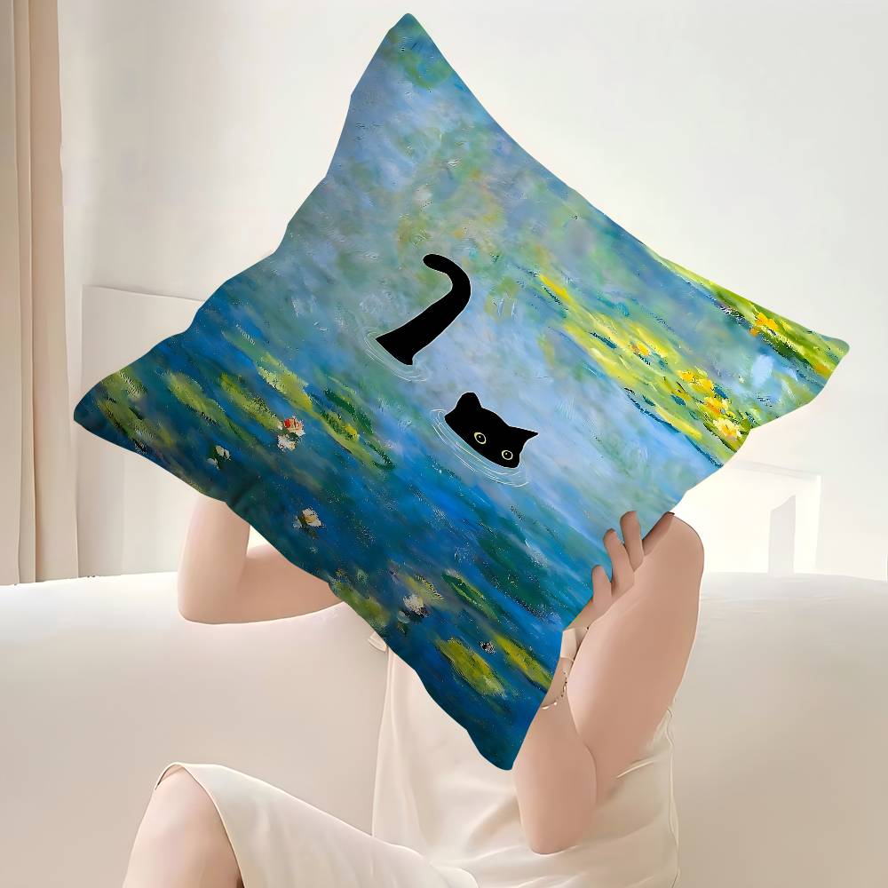 Claude Monet Interesting Cute Black Cat Cushion Cover Car Throw Pillow Case For Sofa Car Christmas Gift xcm xcm