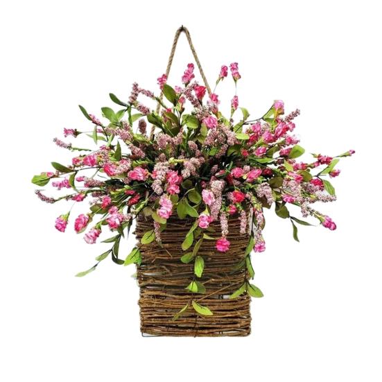 Door Hanger Basket Wreath Spring Summer Artificial Flowers in Wicker Basket for Front Door Rustic Rattan Hanging Basket Wreath for Home Porch Entryway