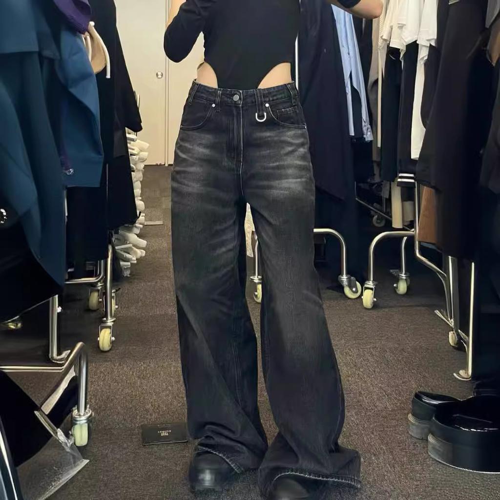 Винтажные черные широкие джинсы женские большие уличные корейские модные мешковатые джинсовые брюки гранж Y2k женский хип-хоп