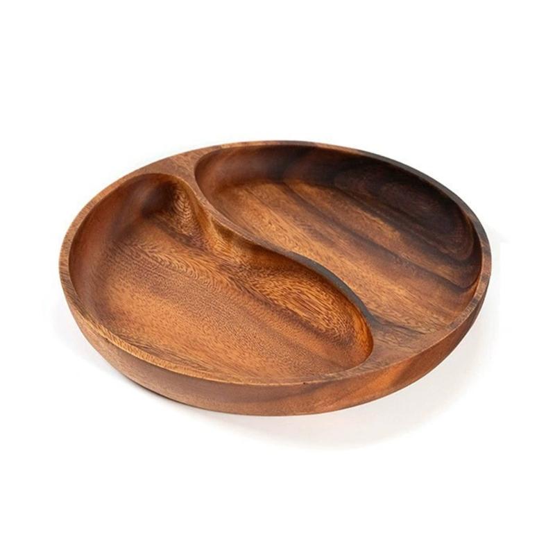 Wood Divided Serving Tray Appetizer Platter Snacks Tray with Dining Grid Round Serving Dishes Nut Holder Platters