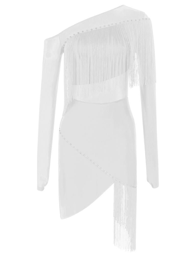 Womens Tango Dance Dress Oblique Shoulder Fringed Design with Sheer Mesh Patchwork and Irregular Hem Latin Costume