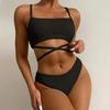 Spaghetti Straps Bandage Ribbed Summer Bikini Sexy Solid Color Women Swimwear Set for Water Activity