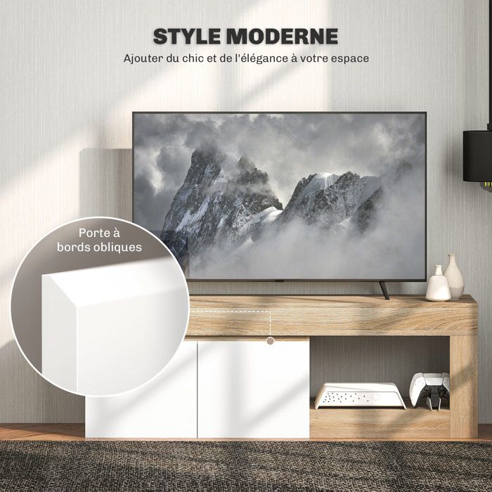 Meuble TV - HOMCOM - 2 portes à fermeture douce et compartiment ouvert - panneau de particules - 140x40x48cm - effet bois naturel
