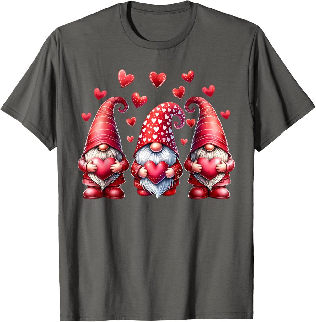 Pink Valentine Gnomes with Hearts Graphic Print Cotton T-Shirt Casual Daily Tee for Women Men