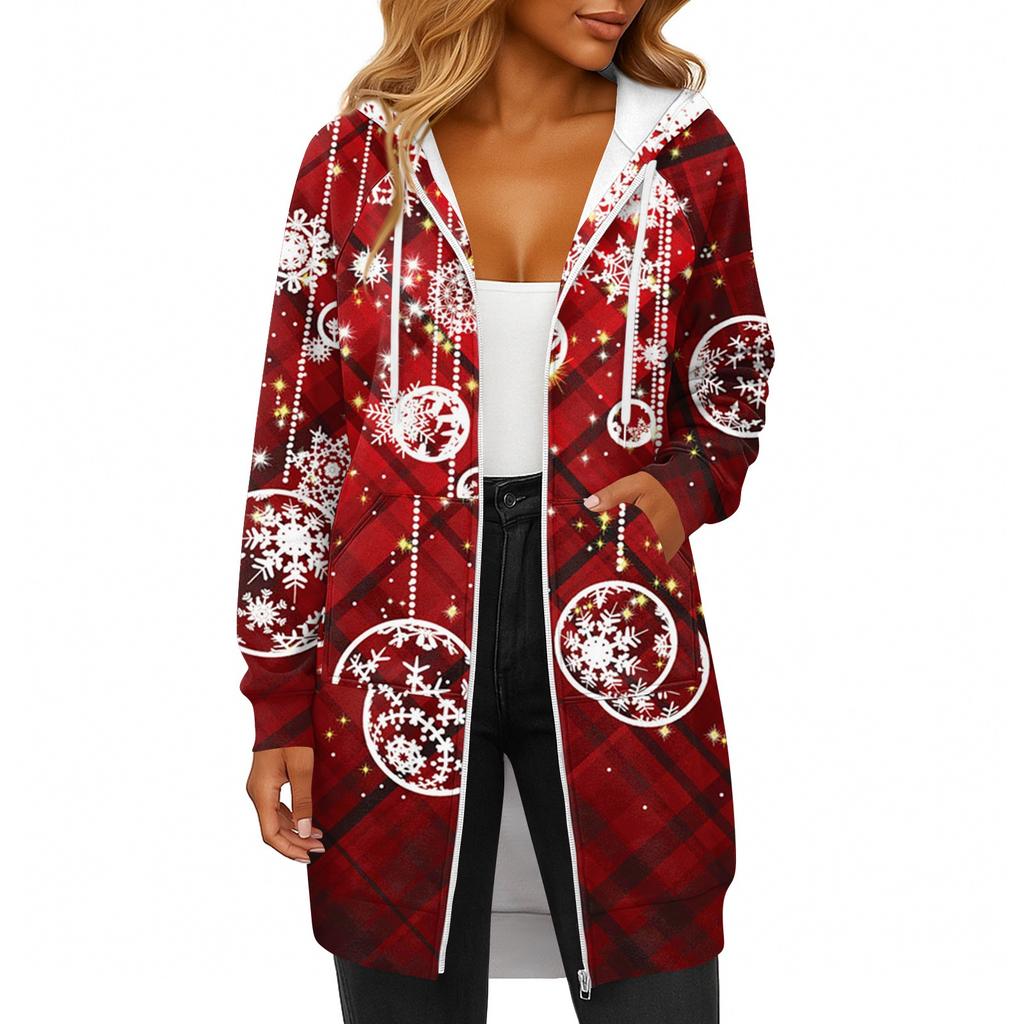 Women's Fashionable Christmas Printed Long Sleeved Drawstring Hooded Zipper Pocket Long Casual Sweatshirt Jacket
