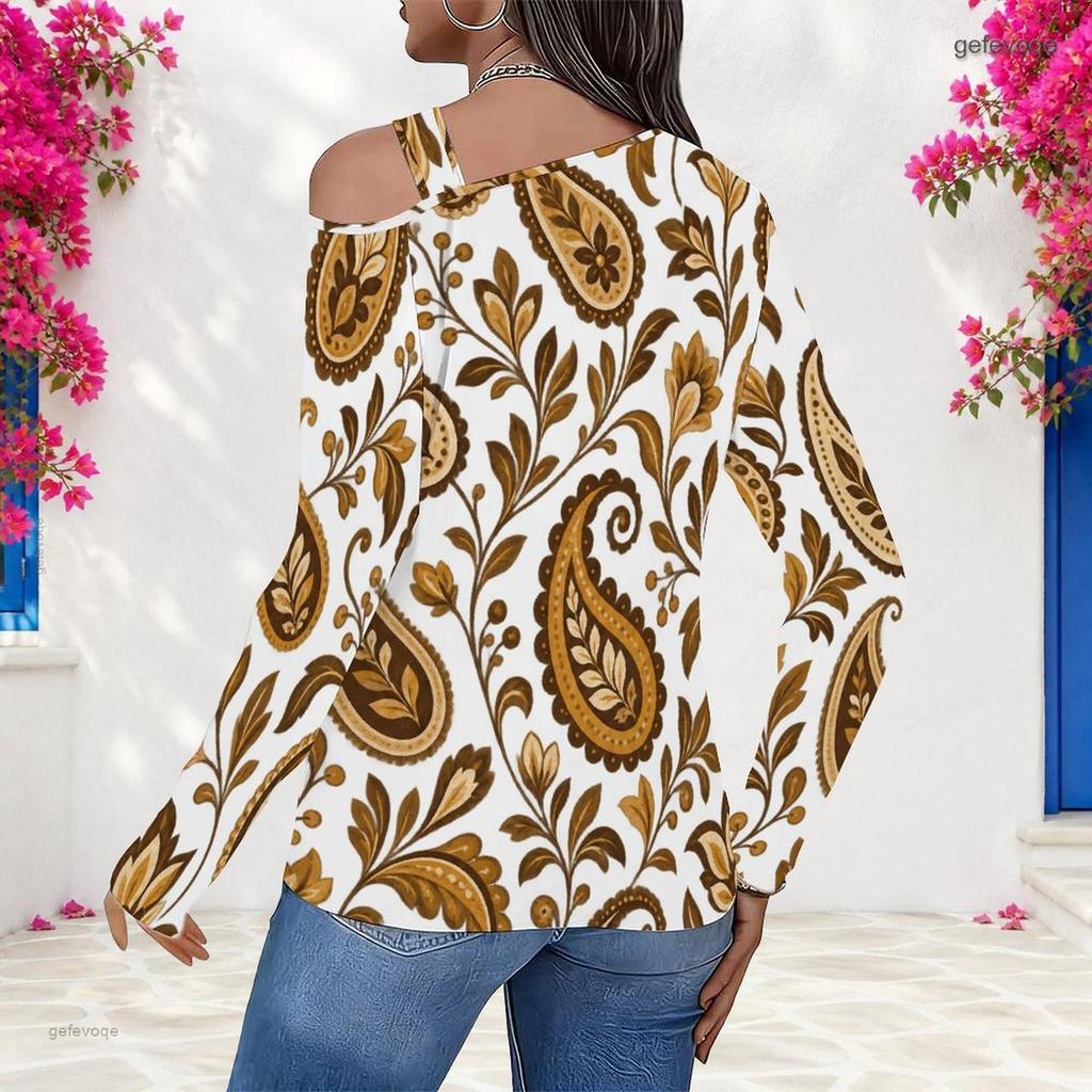 Women Plus Size Asymmetric Cutout Neck Cold Shoulder Long Sleeve Paisley Printed Blouse