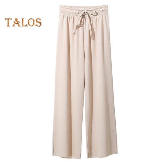 Женские брюки, эластичные повседневные брюки с высокой талией и регулируемым шнурком, однотонные свободные брюки с широкими штанинами, летние тонкие длинные брюки