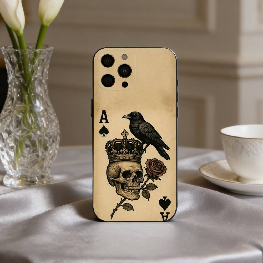 Чехол для телефона S-Skeleton Q-Королева Червей КАРТА Для iPhone 17,16,15,14,13,12,11 Plus,Pro Max,XS,Мягкий Силиконовый Черный Чехол