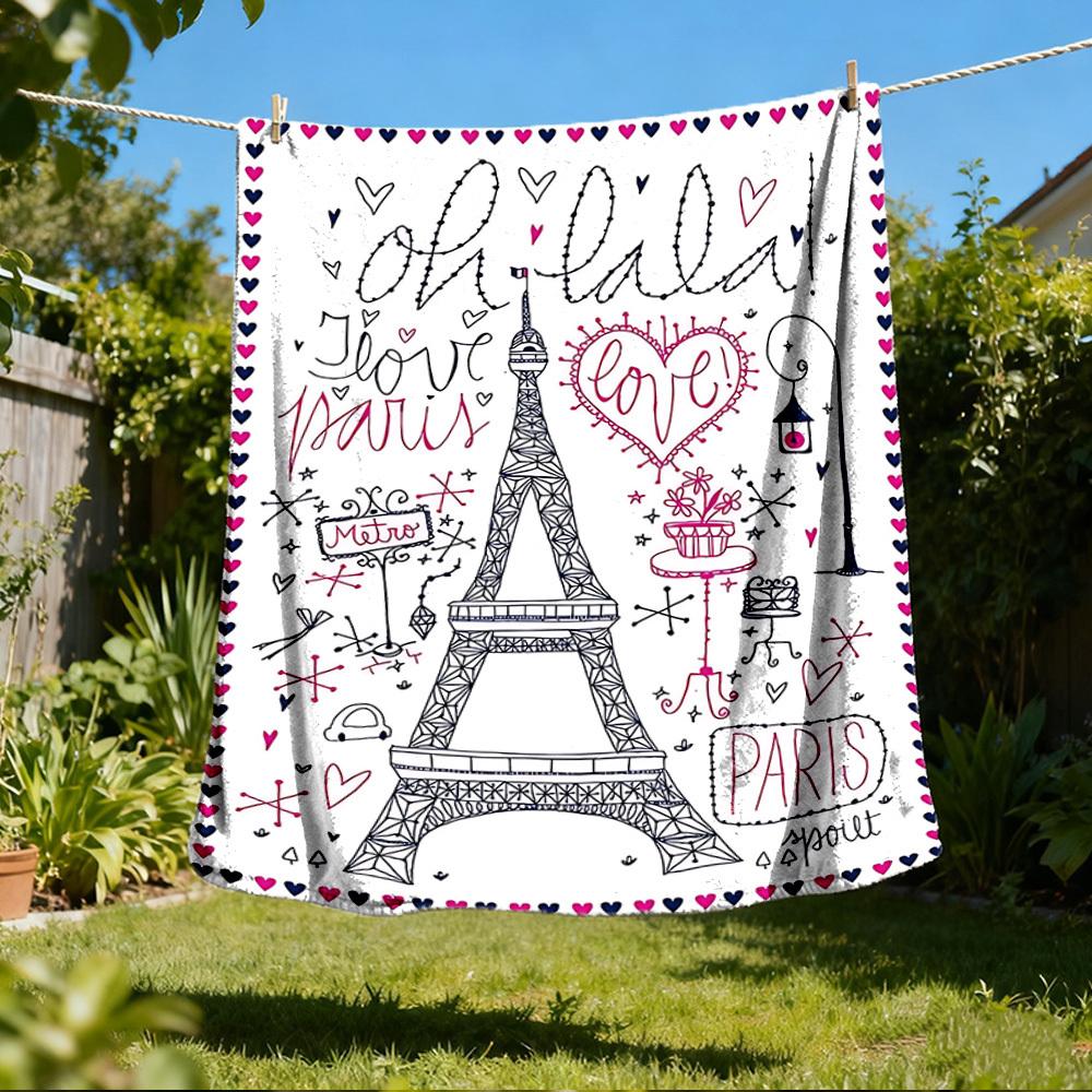 1pc Eiffel Tower, Paris Love Print Outdoor Blanket, Lightweight Polyester,