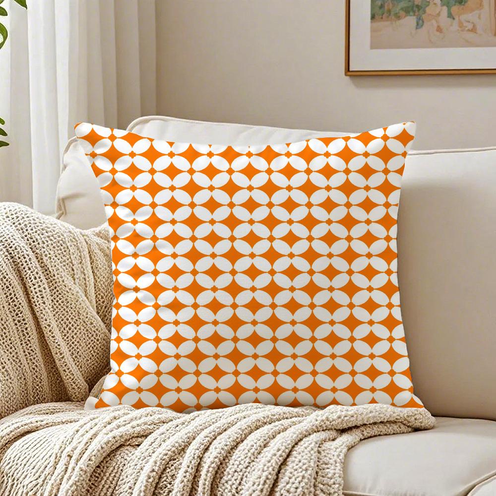 Orange Checkered Polka Dot Pattern Geometry Pillow Case Plush Sofa Cushion Covers Organic Breathable Invisible Zipper