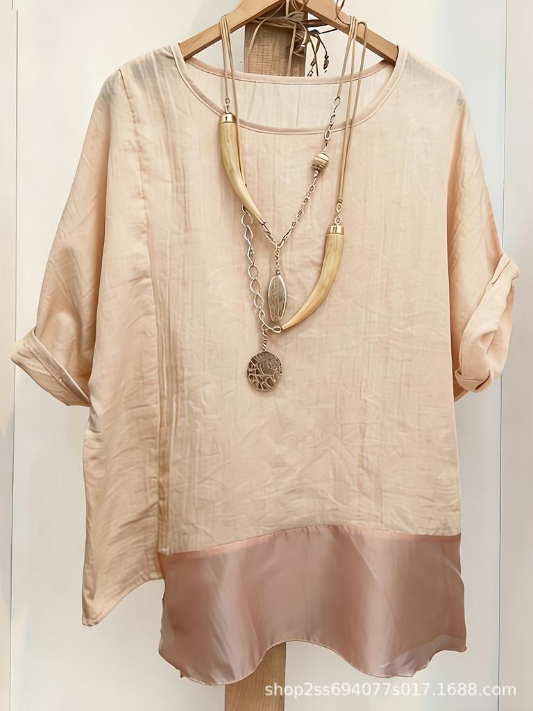 Женский топ с запахом из смешанного льна, пэчворк, с рукавами летучая мышь и неровным подолом