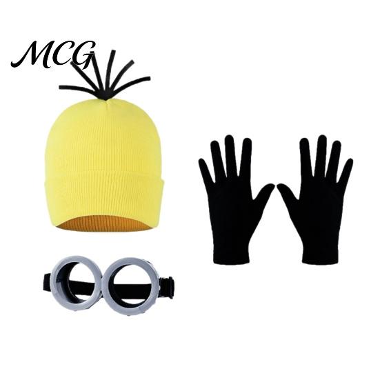 Soft Knitted Fabric Hat 3Pcs Halloween Costume Accessories, Yellow Steampunk Goggles Long Wear Cosplay Gloves Adults Party Set for Men Women Immersive