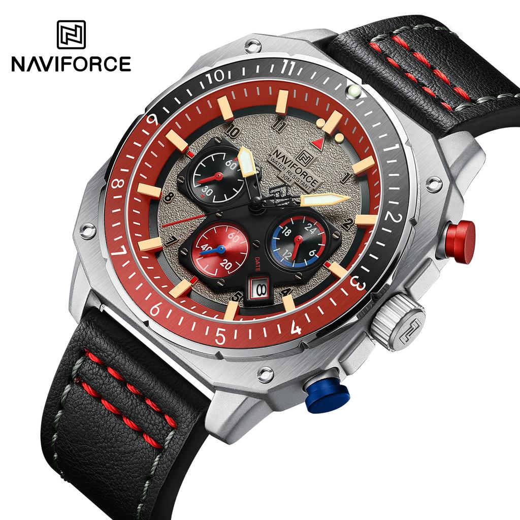 Мужские кварцевые часы Naviforce NF8057 Classic с эксклюзивным ремешком из натуральной кожи, водозащитой, индикатором даты и хронографа, деловые наручные часы