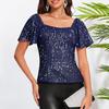 Women Tops Square Collar Puff Short Sleeve Sequin Tops Glitter Sparkling Party Blouse Evening Party Tops