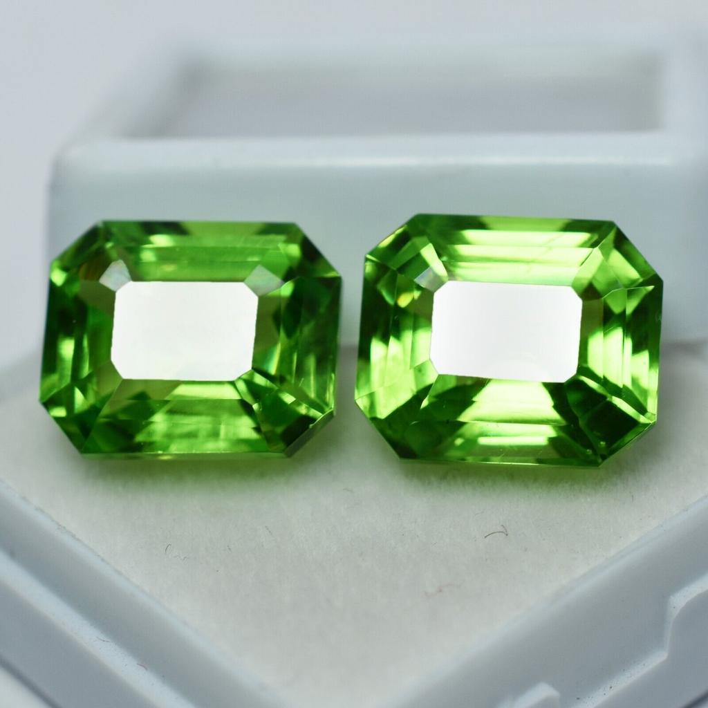 16.12 Ct Natural Peridot Emerald Cut Loose Gemstone PAIR For Jewelry