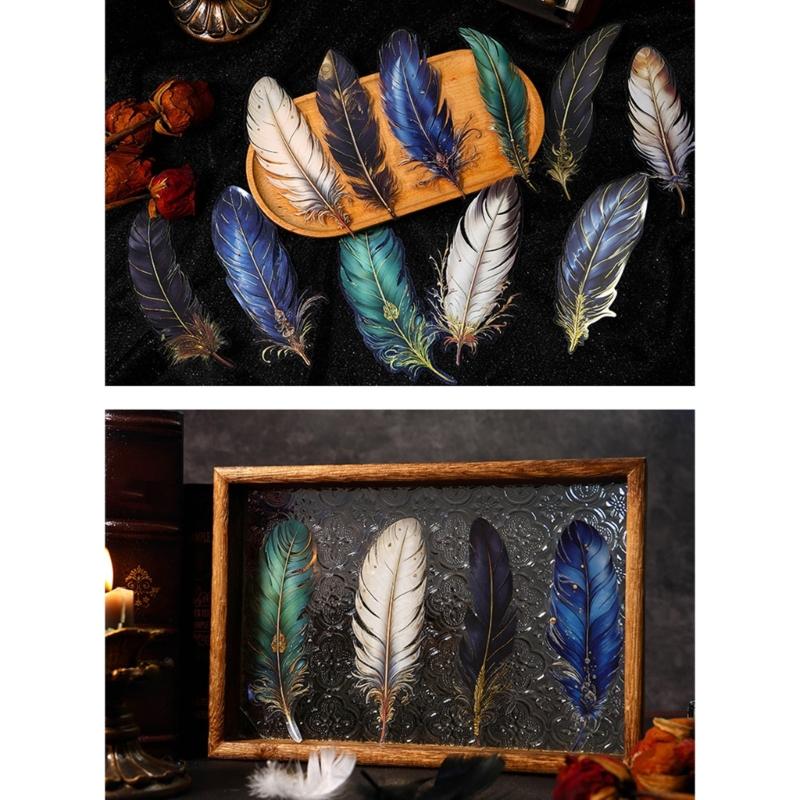 5Pcs Retro Feather PET Sticker Aesthetic Decorative Sticker For Journal Photo Album Scrapbooking Phone Case Wrapping