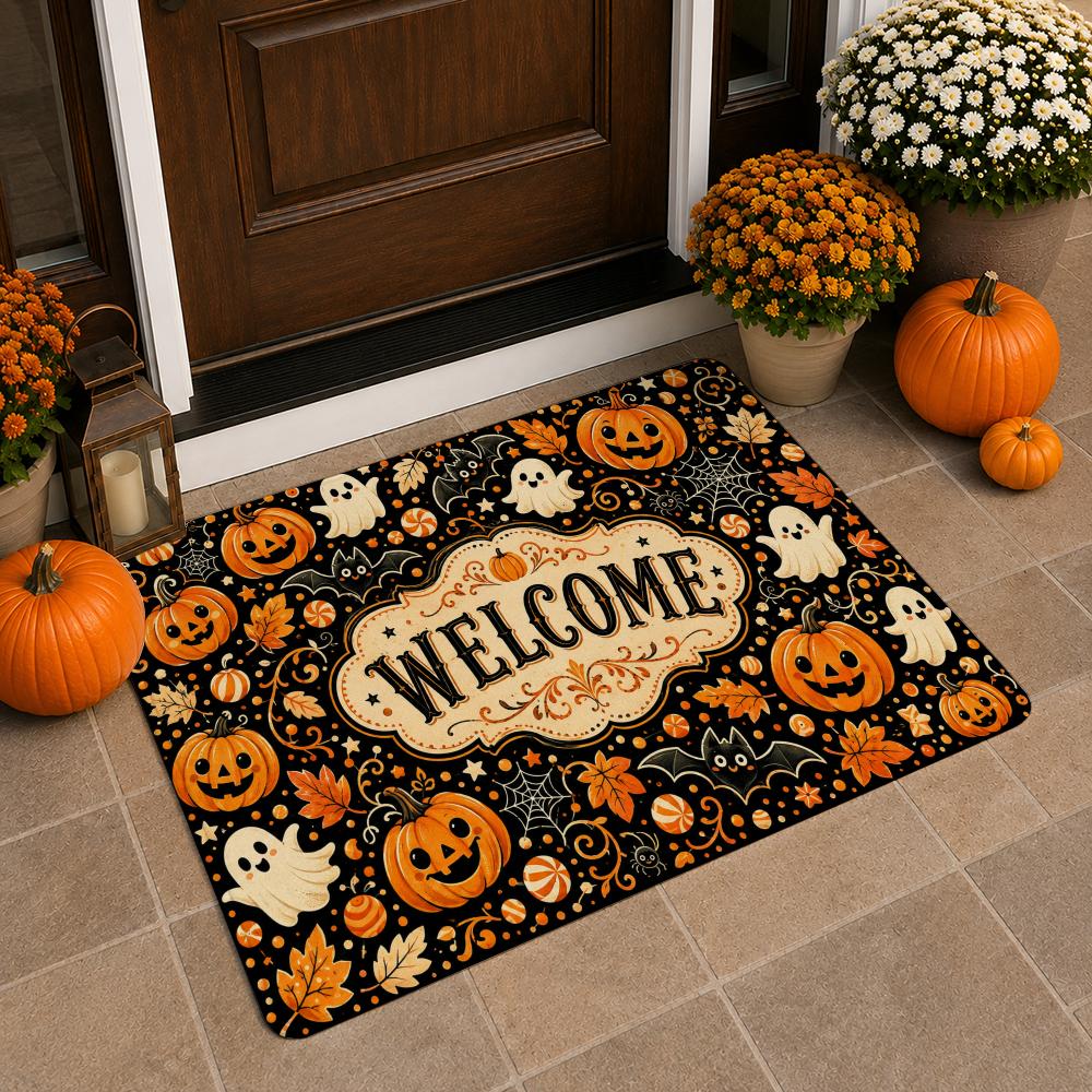 Vintage Ghost Pumpkin Trick or Treat Halloween Art Floor Mat Soft Flannel Non Slip Absorbent Entryway Bathroom Bedroom Garage