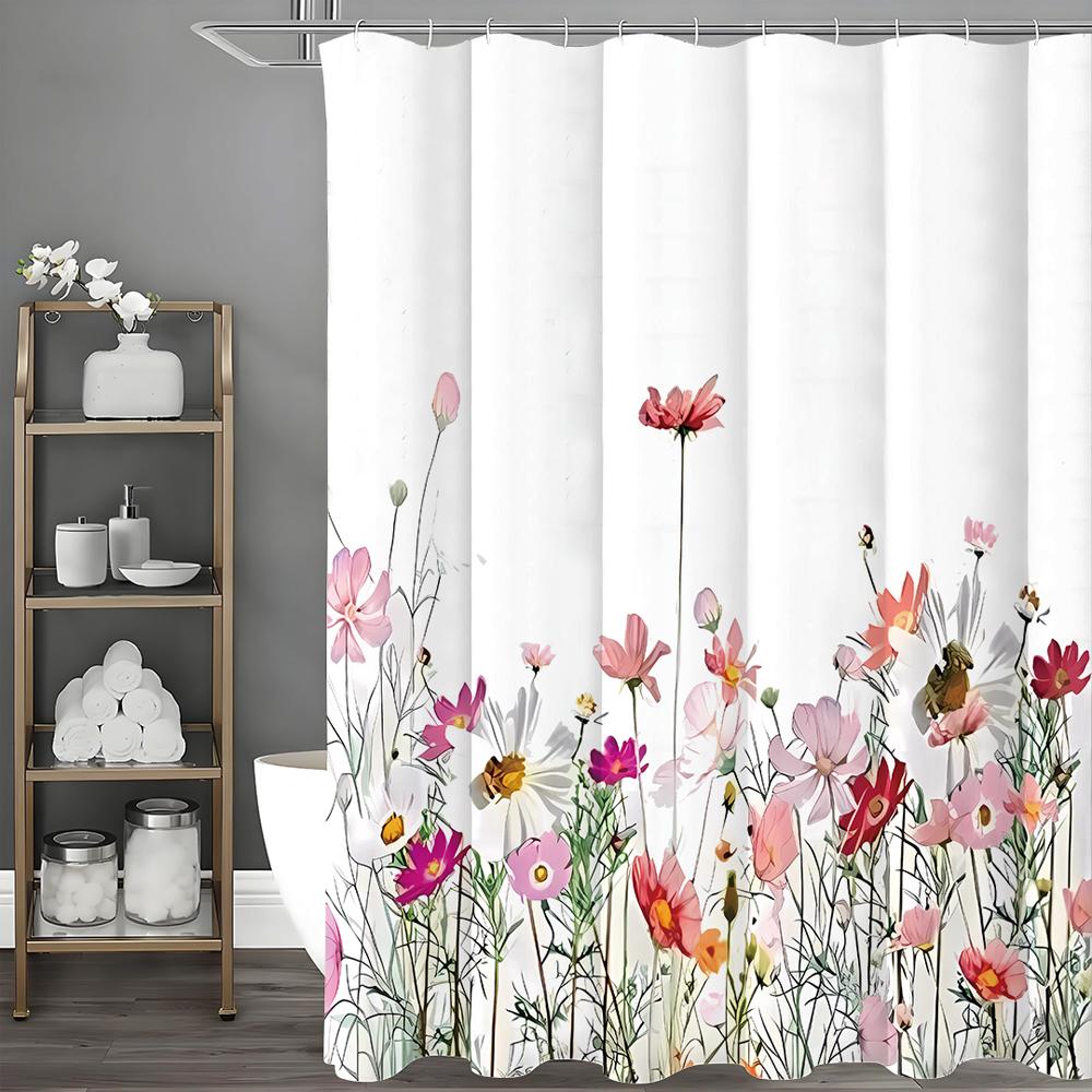 Занавеска для душа с цветами, Розовый цветок, Однотонный фон с крючками, Занавеска для ванны, Водонепроницаемая занавеска для душа