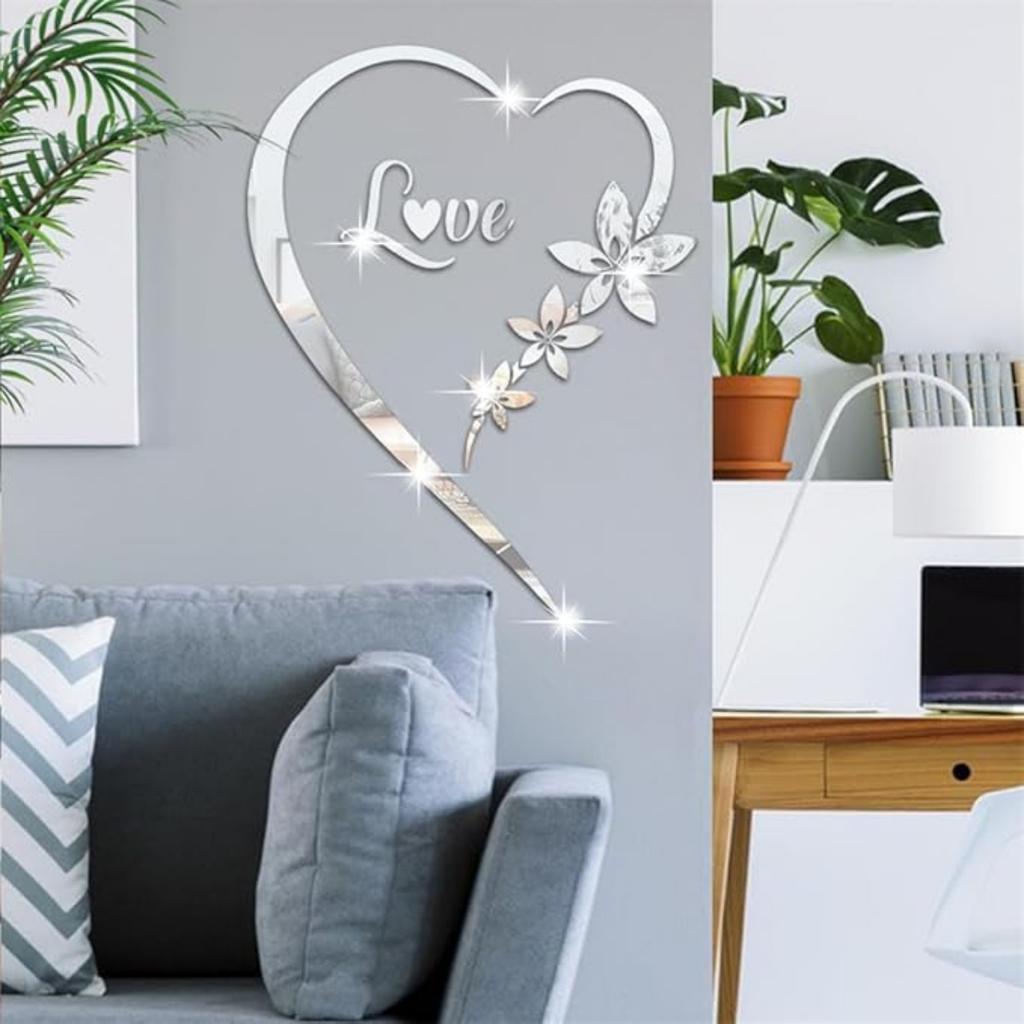 DIY Wall Art Heart Shape Mirror Wall Sticker, Self-Adhesive Love Heart Acrylic Mirror Wall Stickers Art Mural, Home Decor Heart Mirror Wall Decals