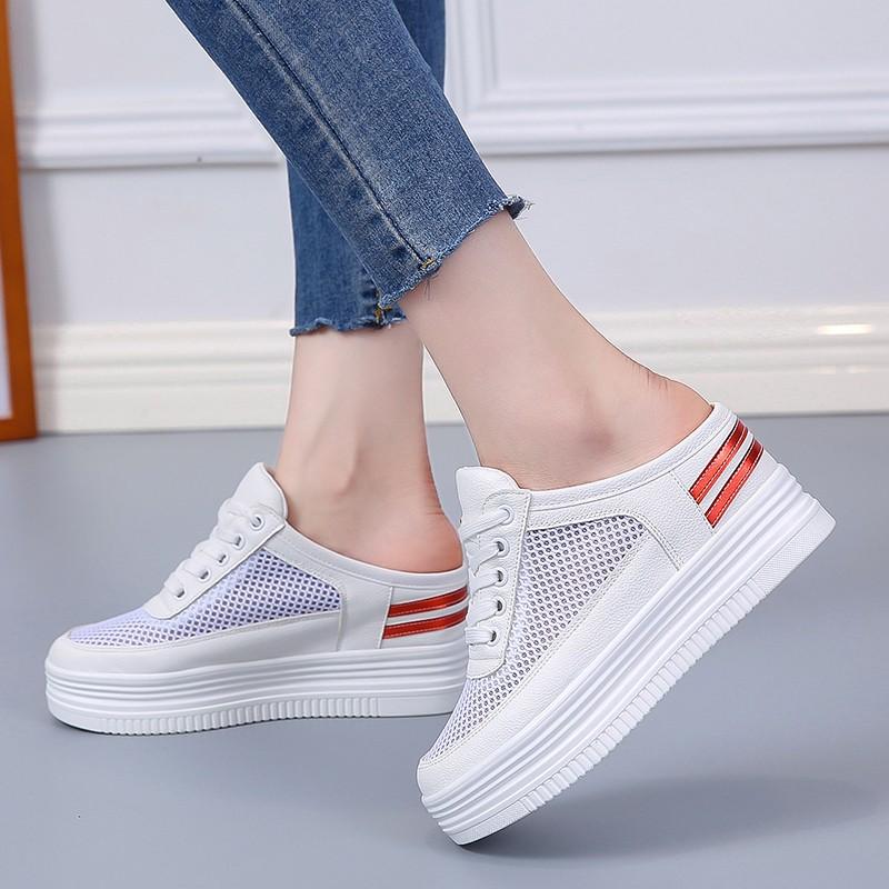 Akexiya Women's Spring Summer Slippers Hollow Breathable Thick Bottom Casual Half Slippers Lazy Shoes Women Little White Shoes
