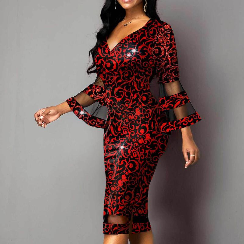 Элегантное женское сетчатое платье с принтом и V-образным вырезом, темпераментные платья