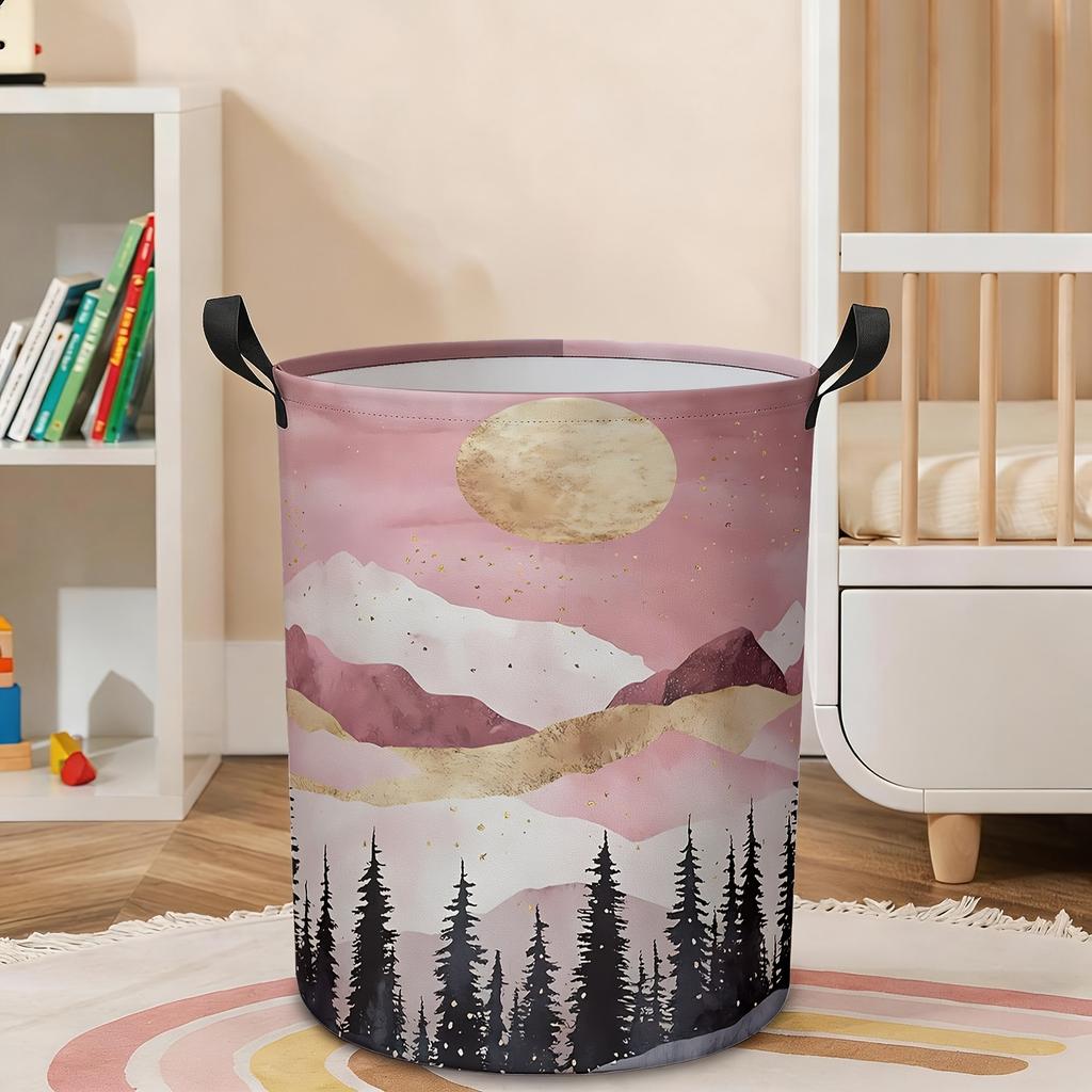 1pc, Blush Pink Mountain Moon Print Laundry Basket, Collapsible Storage Bin with Handles, Watercolor Nature Organizer, Laundry Baskets