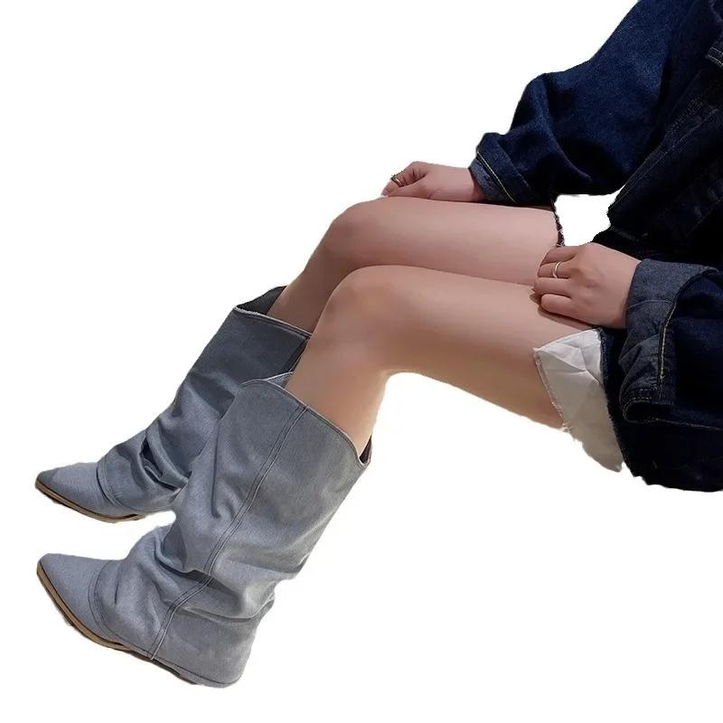 Плиссированные синие джинсовые ботинки Модные женские ботинки челси Осенне-зимние ботинки на среднем каблуке Женская обувь Botas Altas Mujer