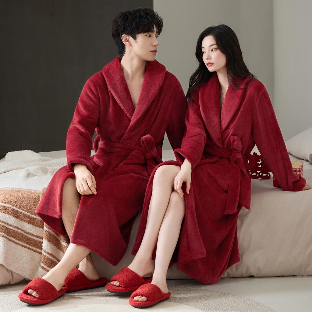 Thickened flannel red pajamas pajamas wedding couple suit autumn and winter coral fleece men's and women's loungewear