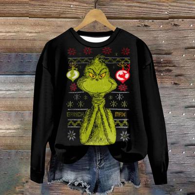 Женская мода повседневная толстовка с длинным рукавом и принтом Санта-Клауса с круглым вырезом