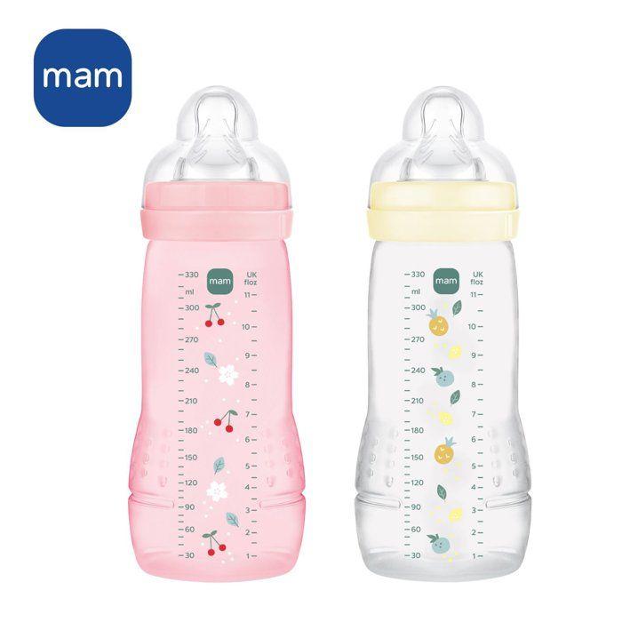 Lot de 2 Biberons - MAM BABY - Easy Active - +6 mois - 330 ml - Tétine débit X - Berry + Pearl