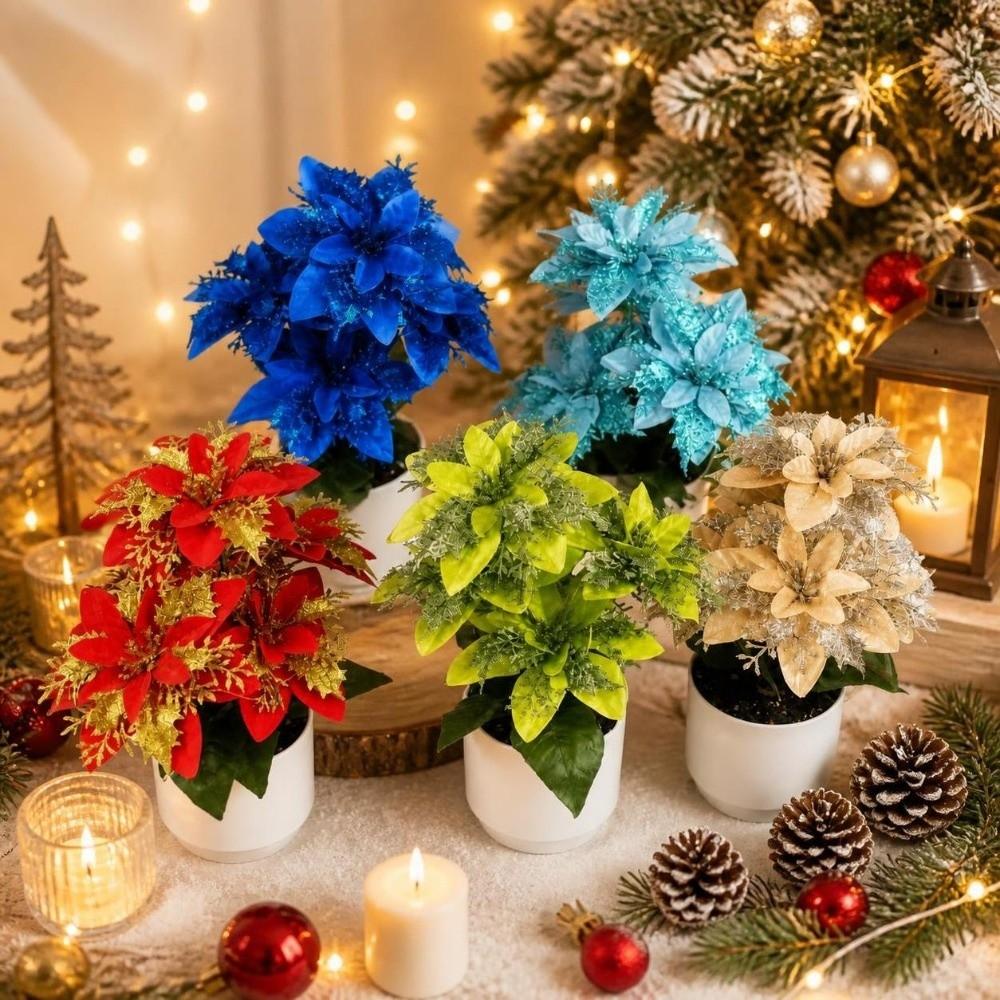 5 Flowers Artificial Christmas Flowers White Flower Pot New Year Fake Flower Home Decor Multi-Bloom Creative