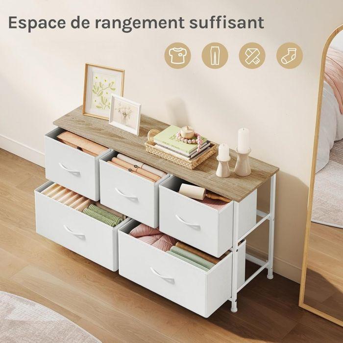 Commode Chambre WOLTU - Armoire 5 Tiroirs en Tissu - Bois d'Ingénierie et Métal - Blanc W0ITT5025