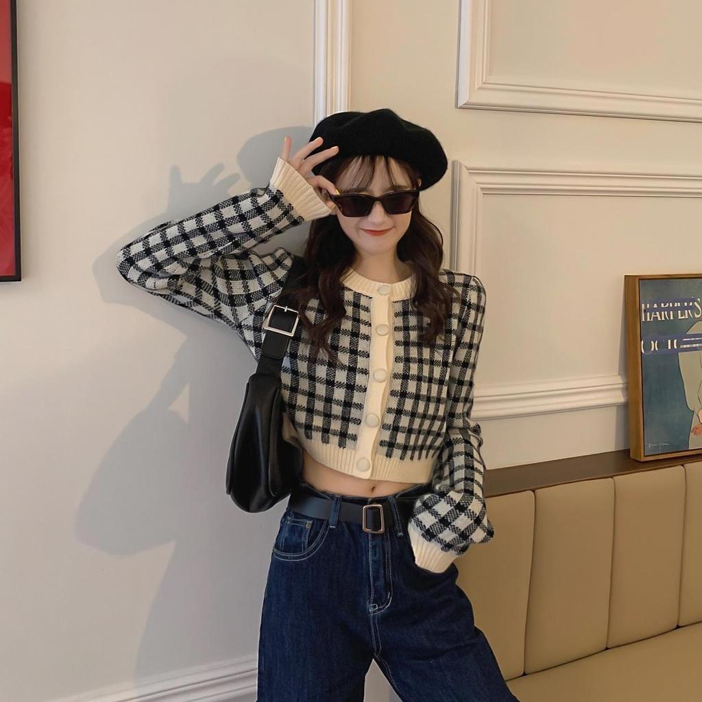 Кардиган, свитер, клетчатый весенне-осенний французский нежный короткий вязаный кардиган, топ с круглым вырезом, 2023, повседневный женский свитер