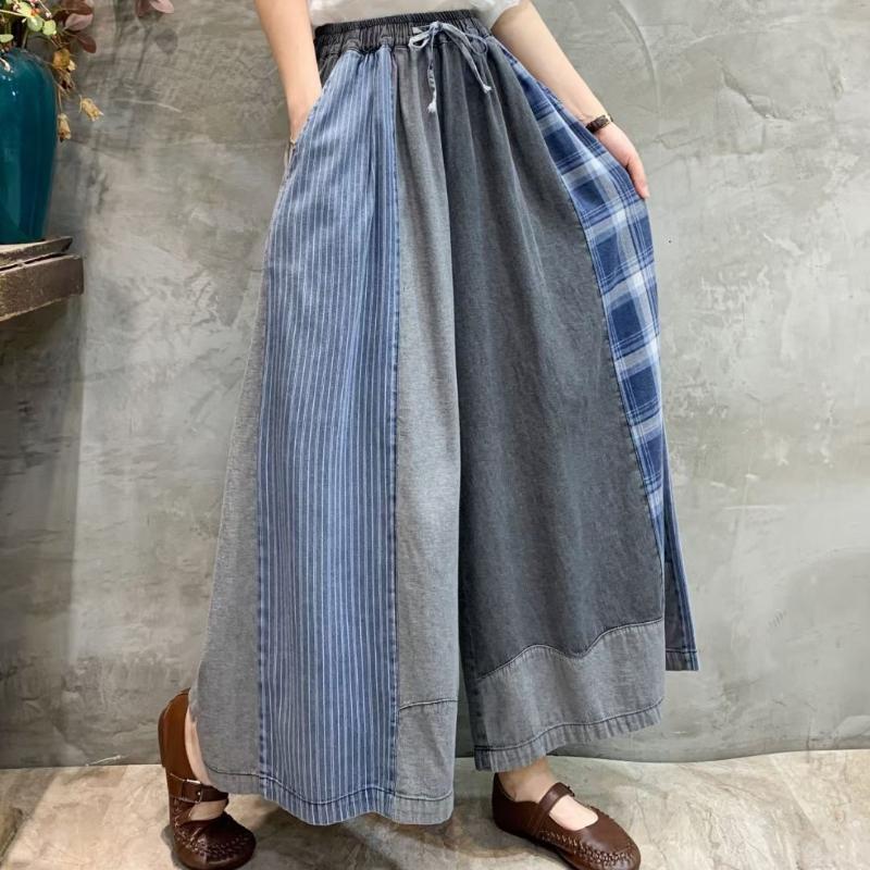 Корейский стиль ретро цвета соответствия мягкие джинсы женские эластичный пояс свободные большие размеры повседневные широкие брюки