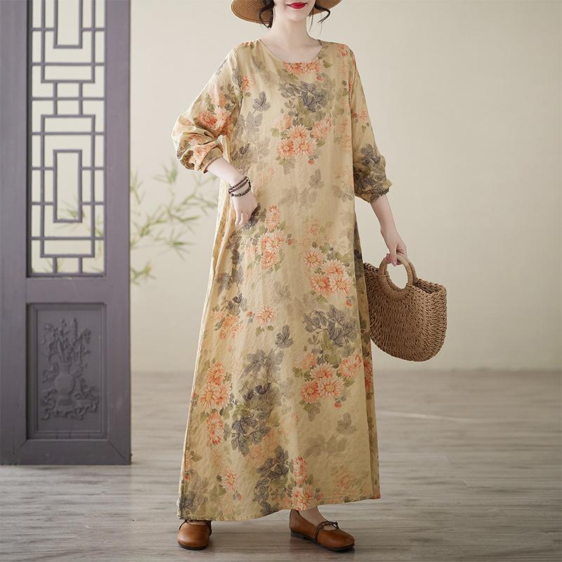 Весеннее литературное платье больших размеров с принтом, круглым вырезом и длинными рукавами для женщин