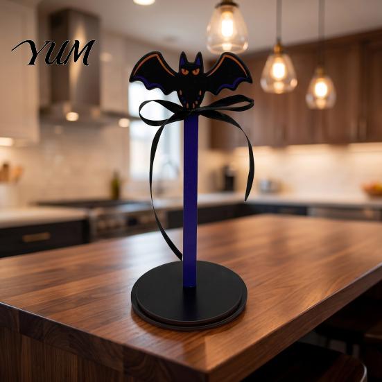 Wooden Kitchen Roll Stand Halloween Paper Towel Holder, Ghost/Pumpkin/Witch's Hat/Bat Decor, Vertical Holder Durable Wood Standing Reel for Countertop