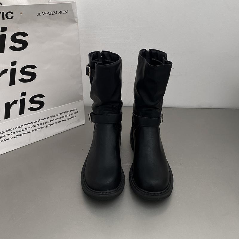 Fashion Vintage Women Western Cowgirl Boots Fashion Slip On Belt Buckle Shoes Autumn Winter Thick Heel Ladies Short Booties