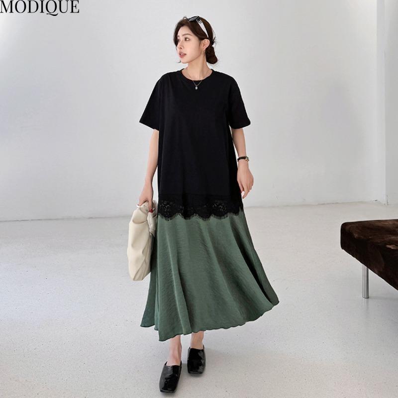 MODIQUE Summer Plus Size New Women Loose Elegant Printing Lace Pleated Patchwork Long Dress Female Casual Short Sleeve O-Neck Dresses
