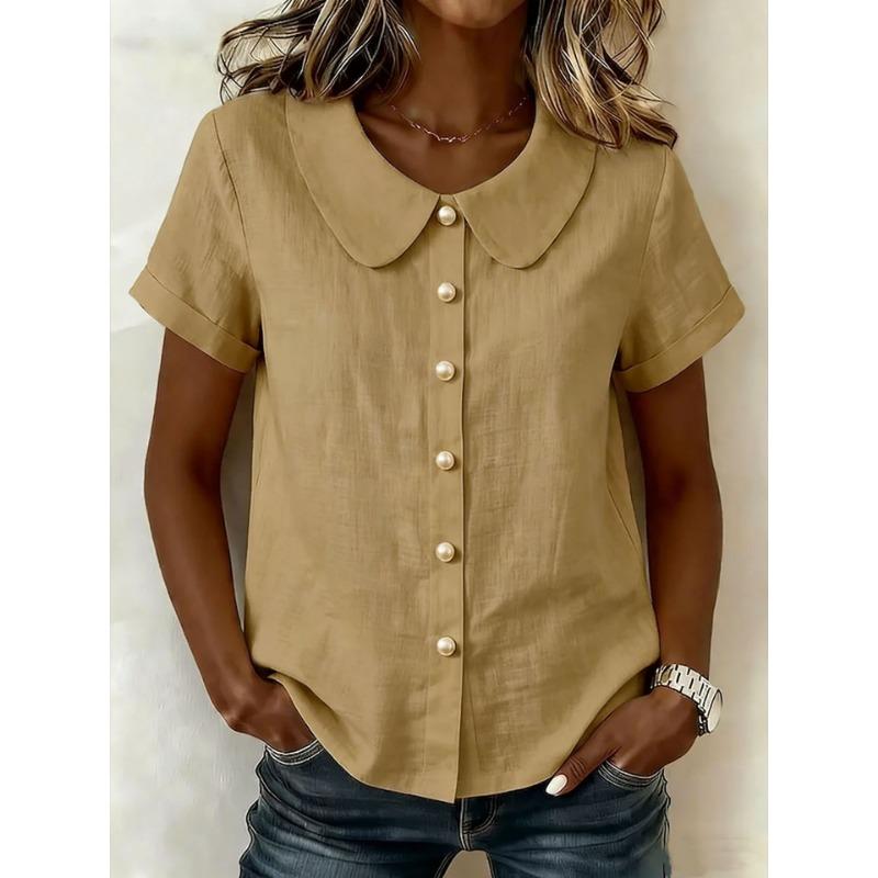 Womens Peter Pan Collar Buttonwomens peter pan collar blouse Front Short Sleeve Blouse