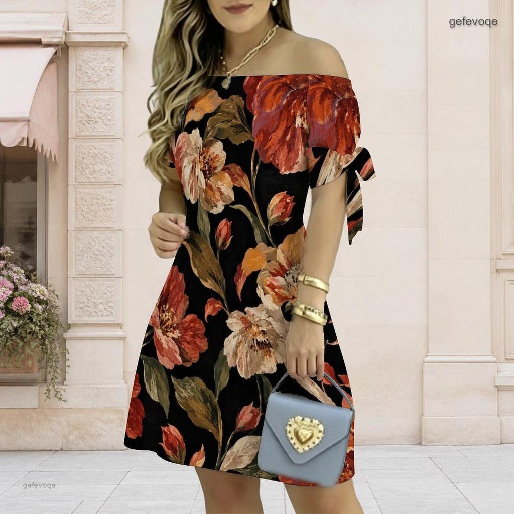 Women Plus Size Off Shoulder Short Sleeve Tie Cuff Black Floral Printed A Line Dress