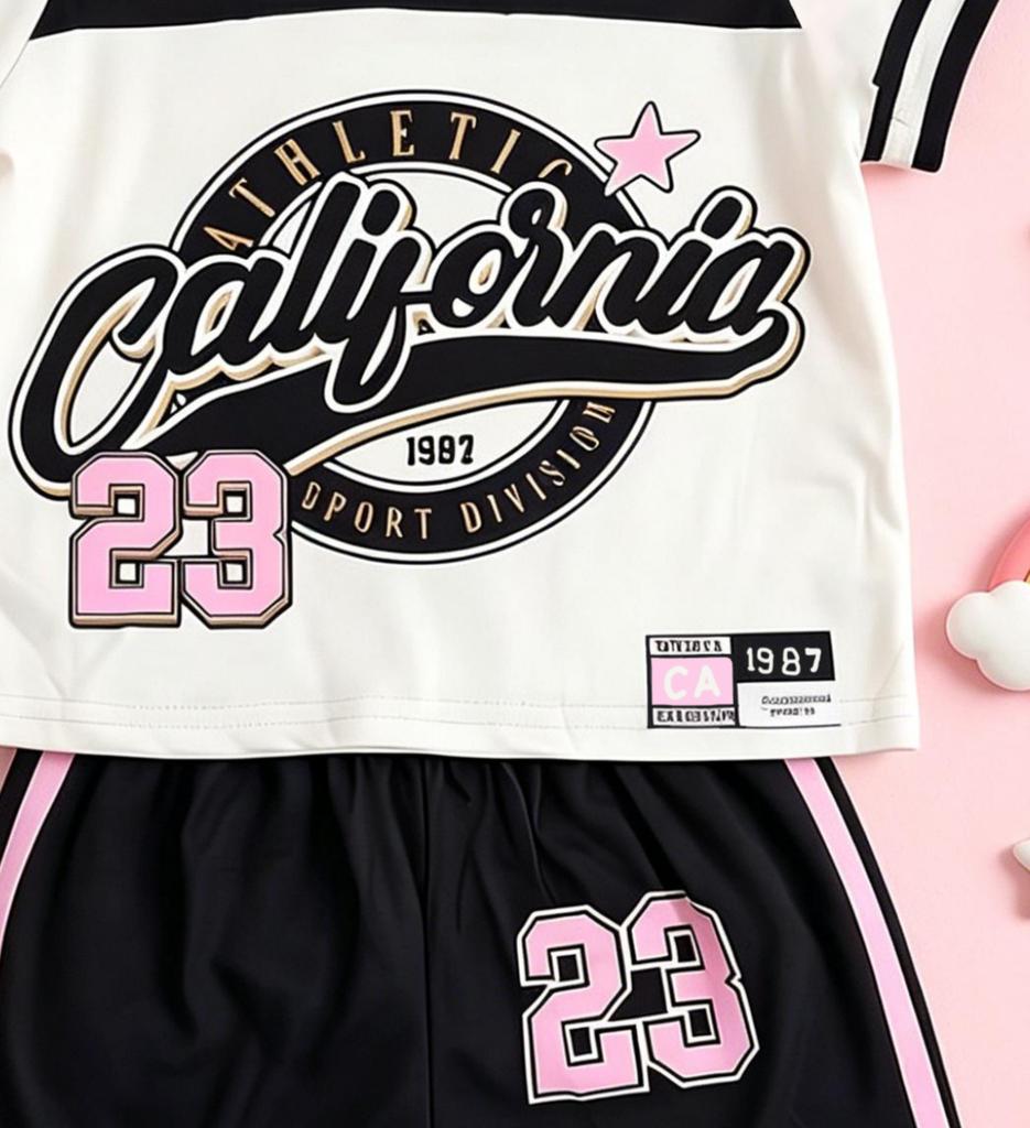 Girls California Letter Print Short Sleeve Color Block Sport Shorts Set Sweet Cool