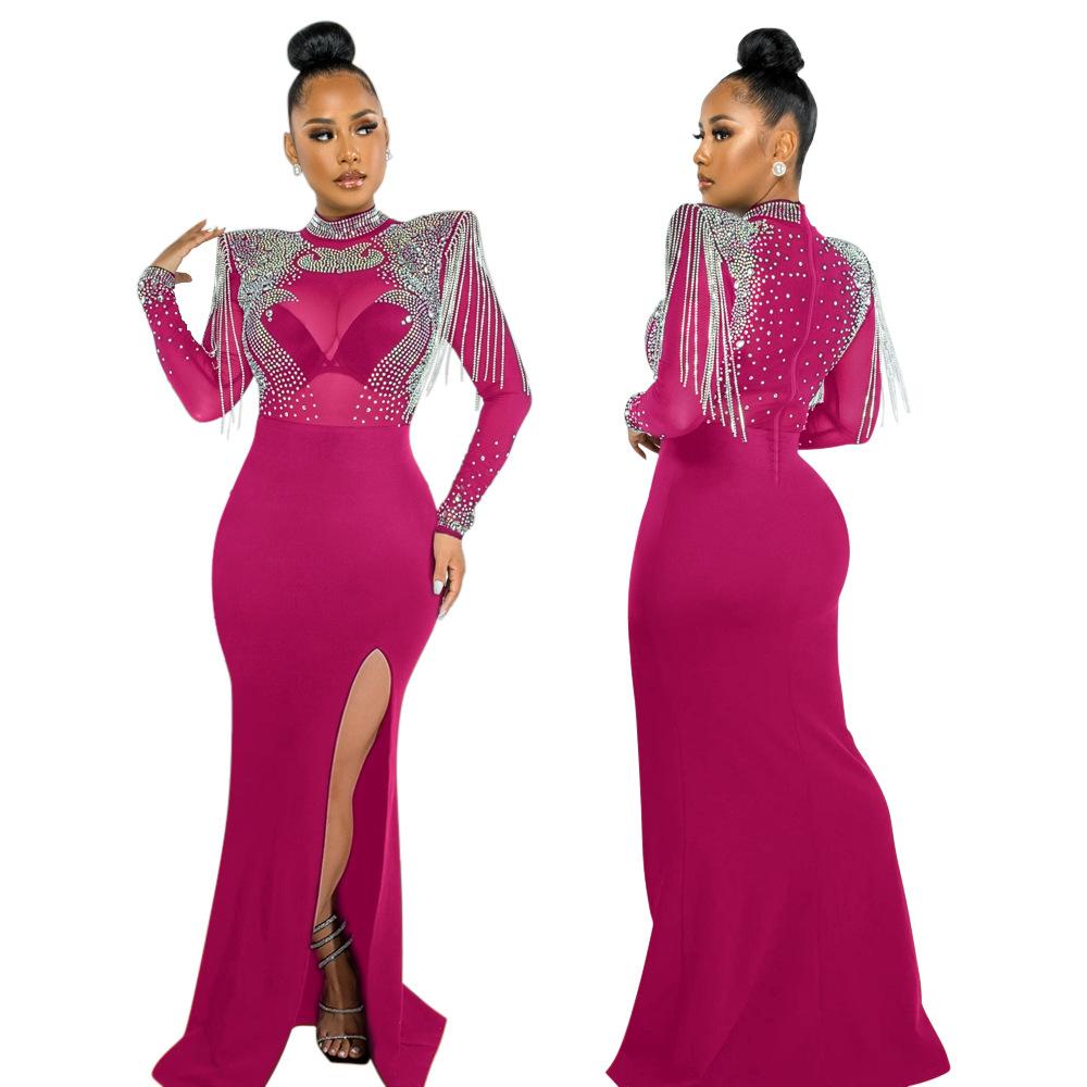 CY901118 European and American women's clothing new sexy perspective mesh hot diamond slim split dress
